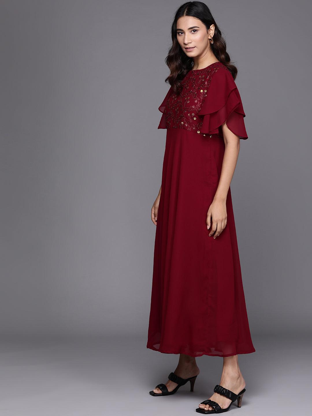 Maroon Embroidered Georgette Dress