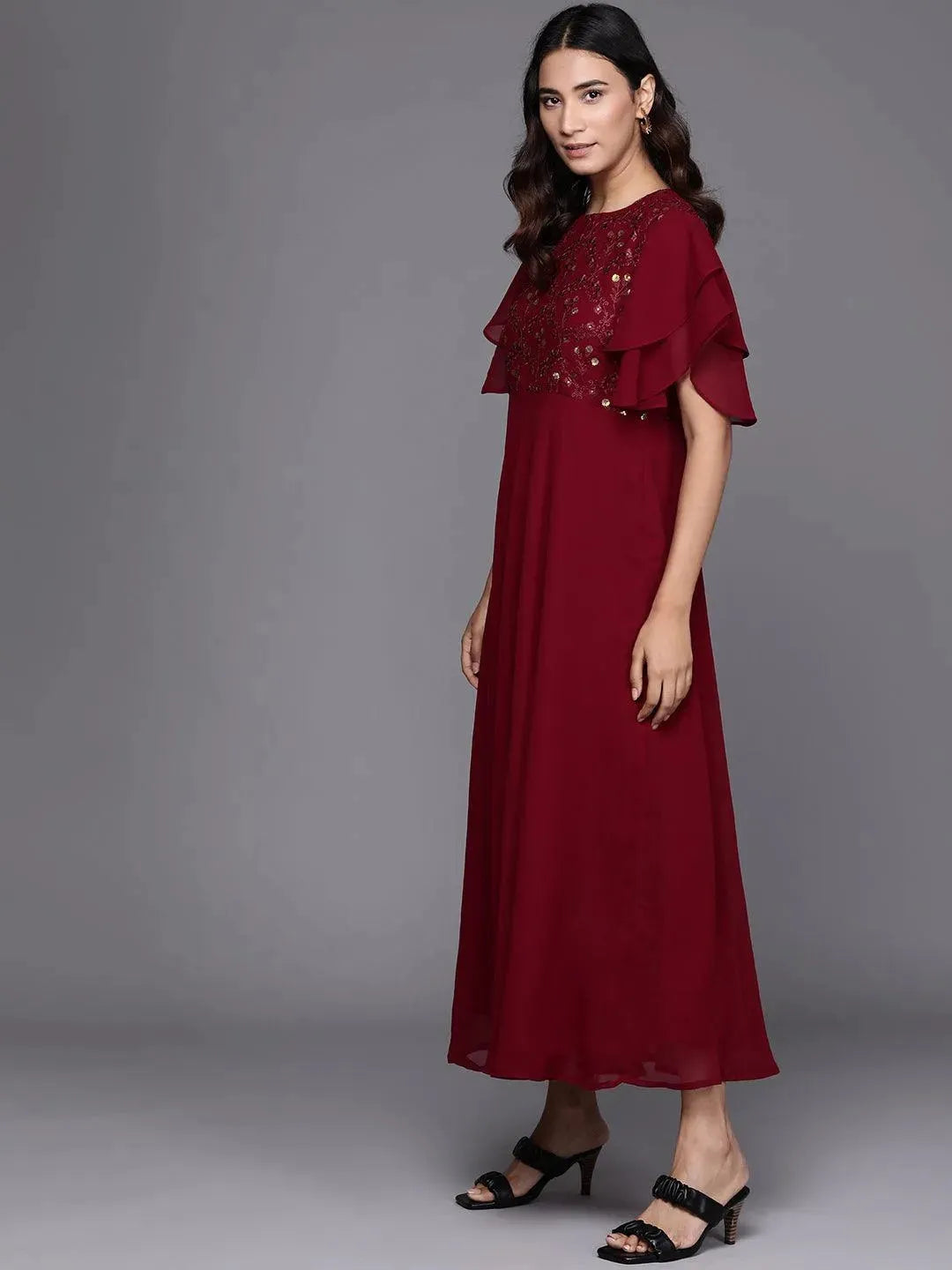 Maroon Embroidered Georgette Dress - Libas