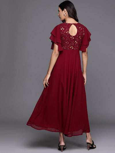 Maroon Embroidered Georgette Dress - Libas