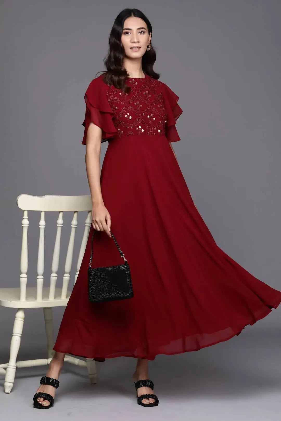 Maroon Embroidered Georgette Dress - Libas