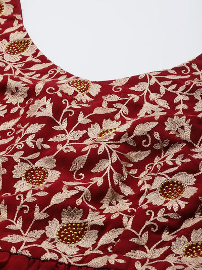 Maroon Embroidered Georgette Lehenga Set - Libas