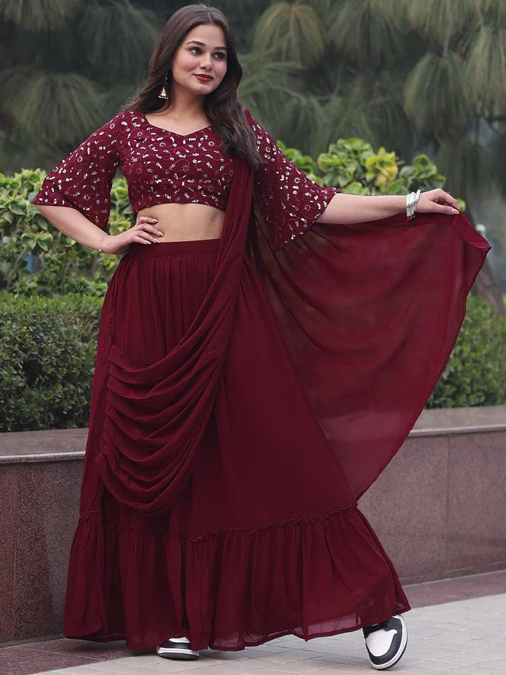 Maroon Embroidered Georgette Saree - Libas