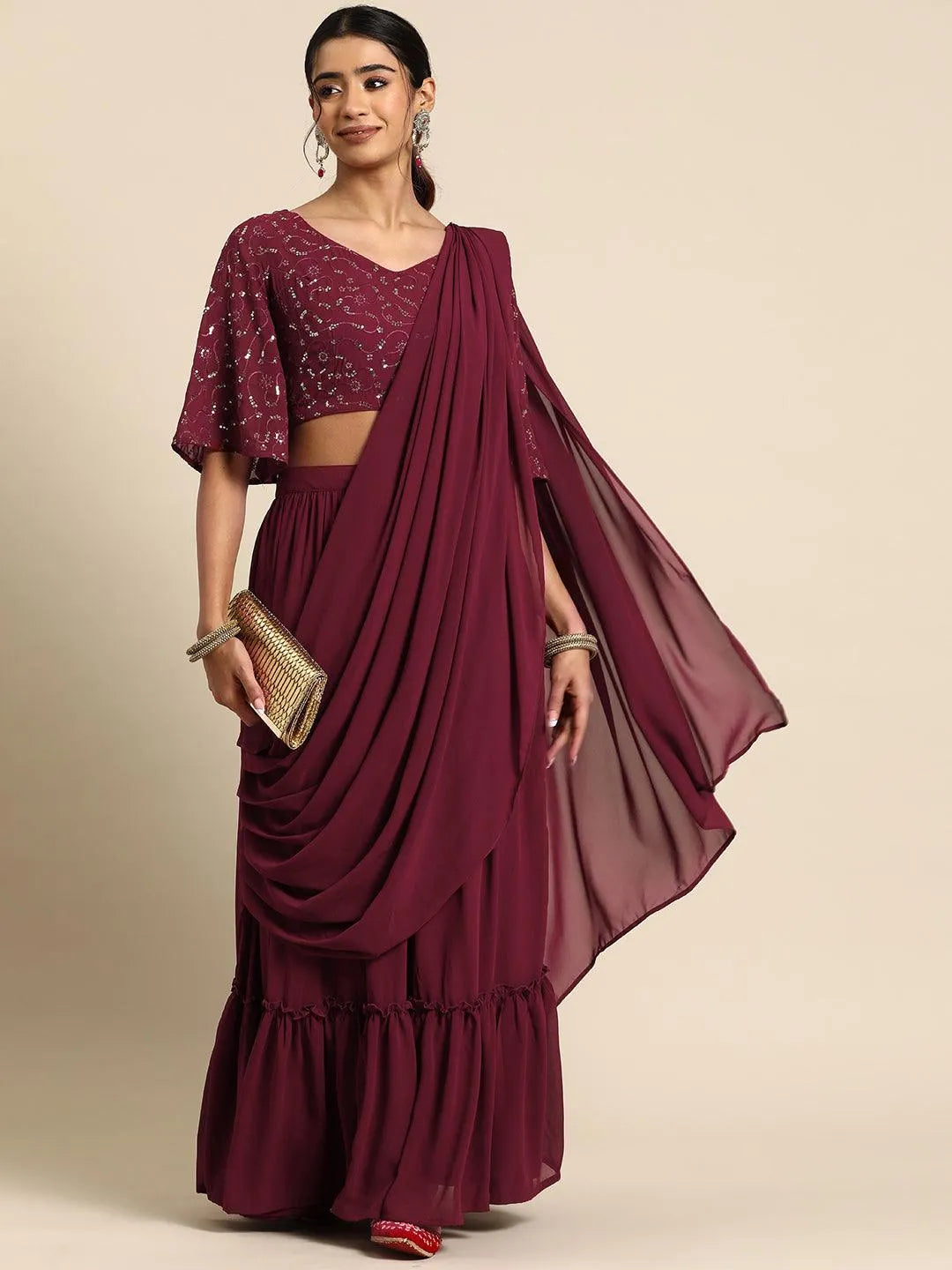 Maroon Embroidered Georgette Saree - Libas