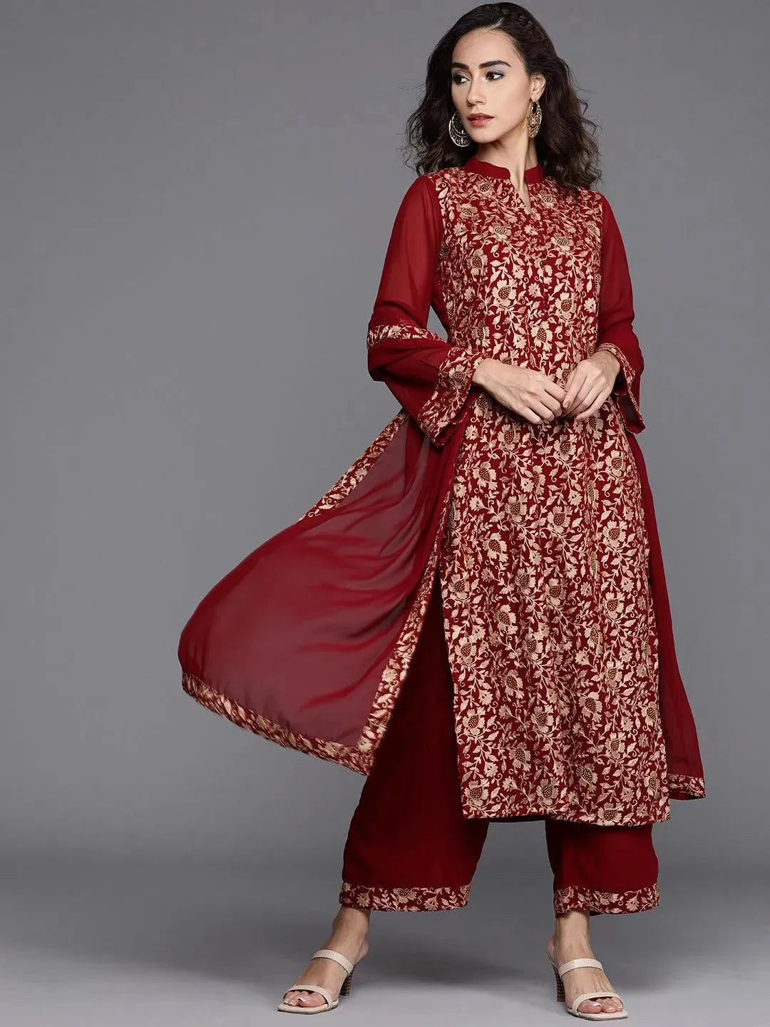 Maroon Embroidered Georgette Suit Set - Libas