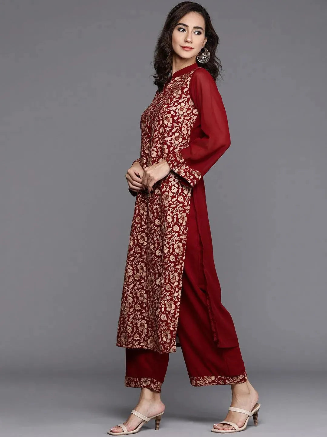 Maroon Embroidered Georgette Suit Set - Libas