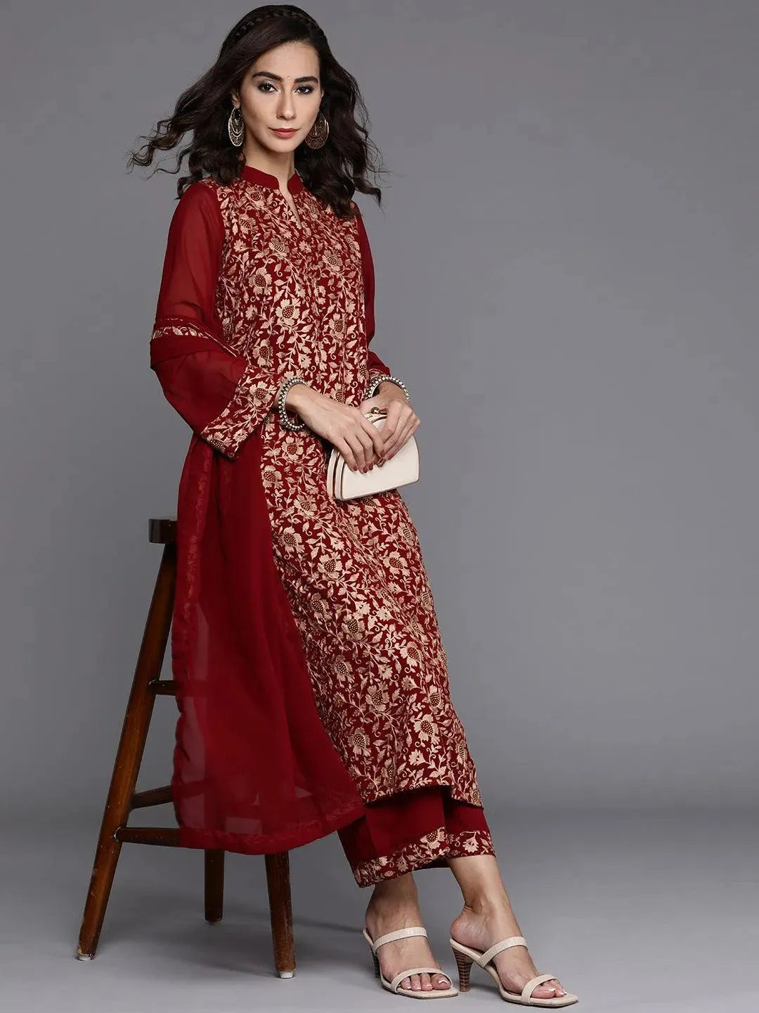 Maroon Embroidered Georgette Suit Set - Libas