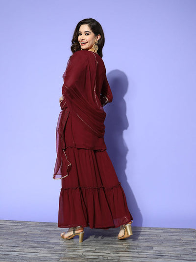 Maroon Embroidered Georgette Straight Sharara Suit Set With Potli - Libas