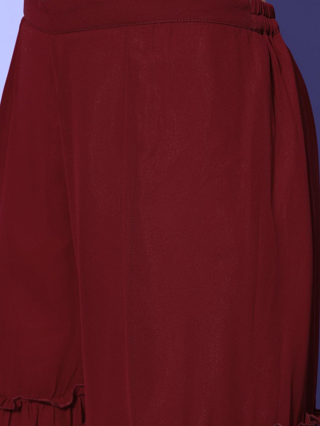 Maroon Embroidered Georgette Straight Sharara Suit Set With Potli - Libas