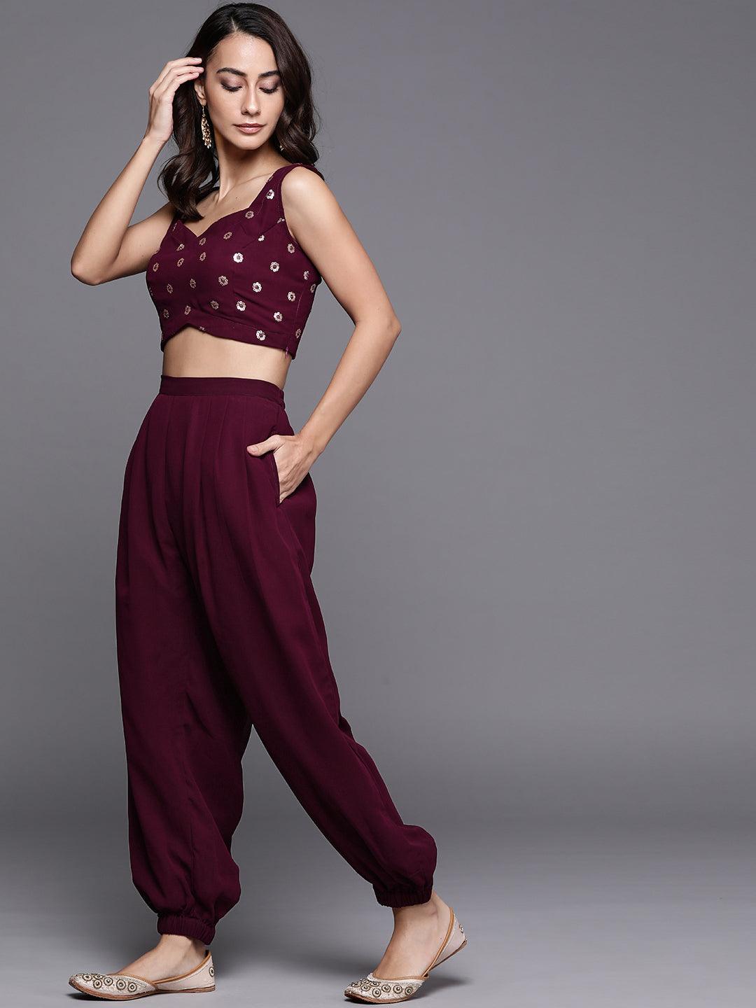 Maroon Embroidered Georgette Straight Top With Salwar & Shrug