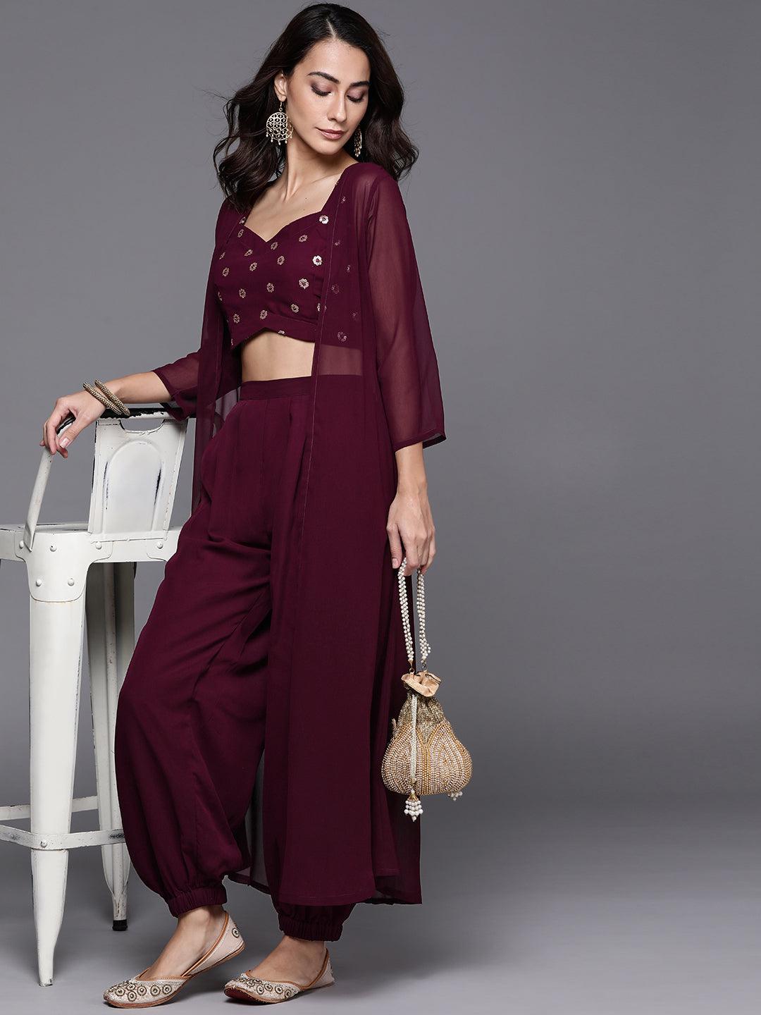 Maroon Embroidered Georgette Straight Top With Salwar & Shrug
