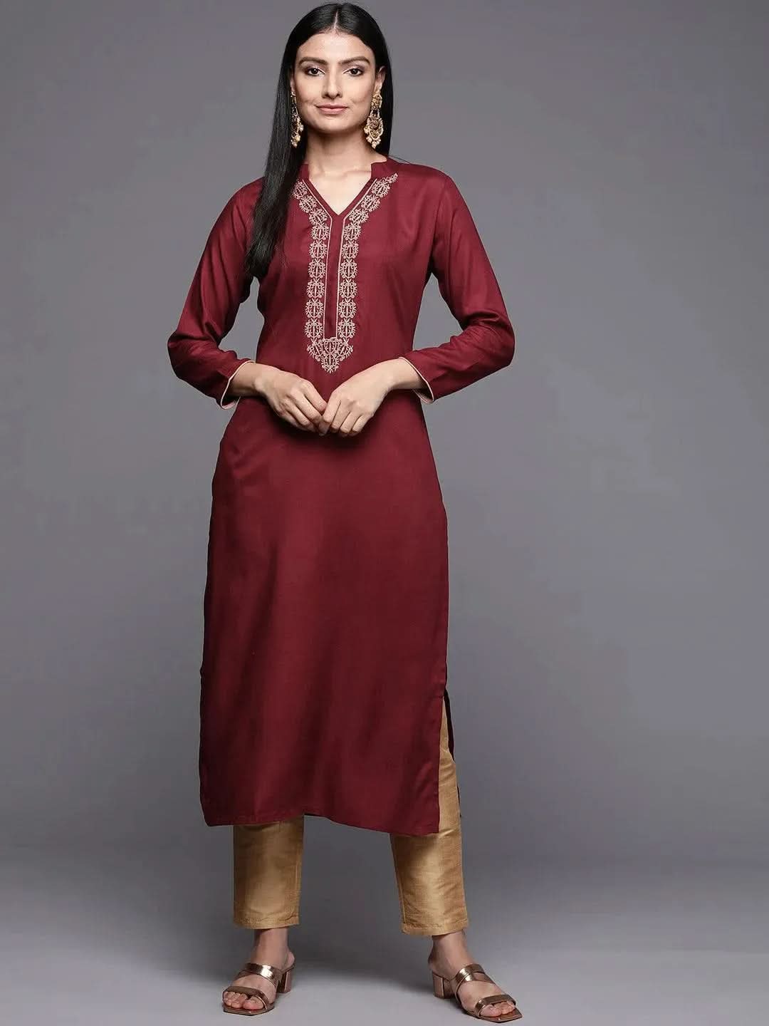 Maroon Embroidered Pashmina Wool Straight Kurta - Libas 