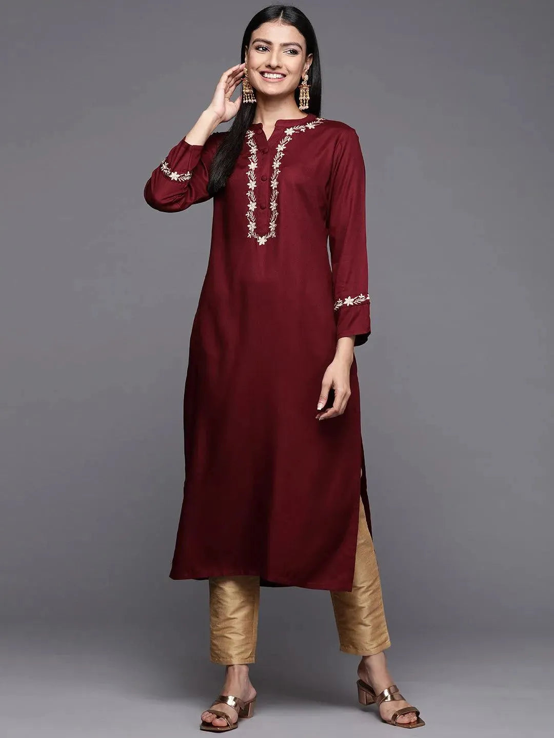 Maroon Embroidered Pashmina Wool Straight Kurta - Libas