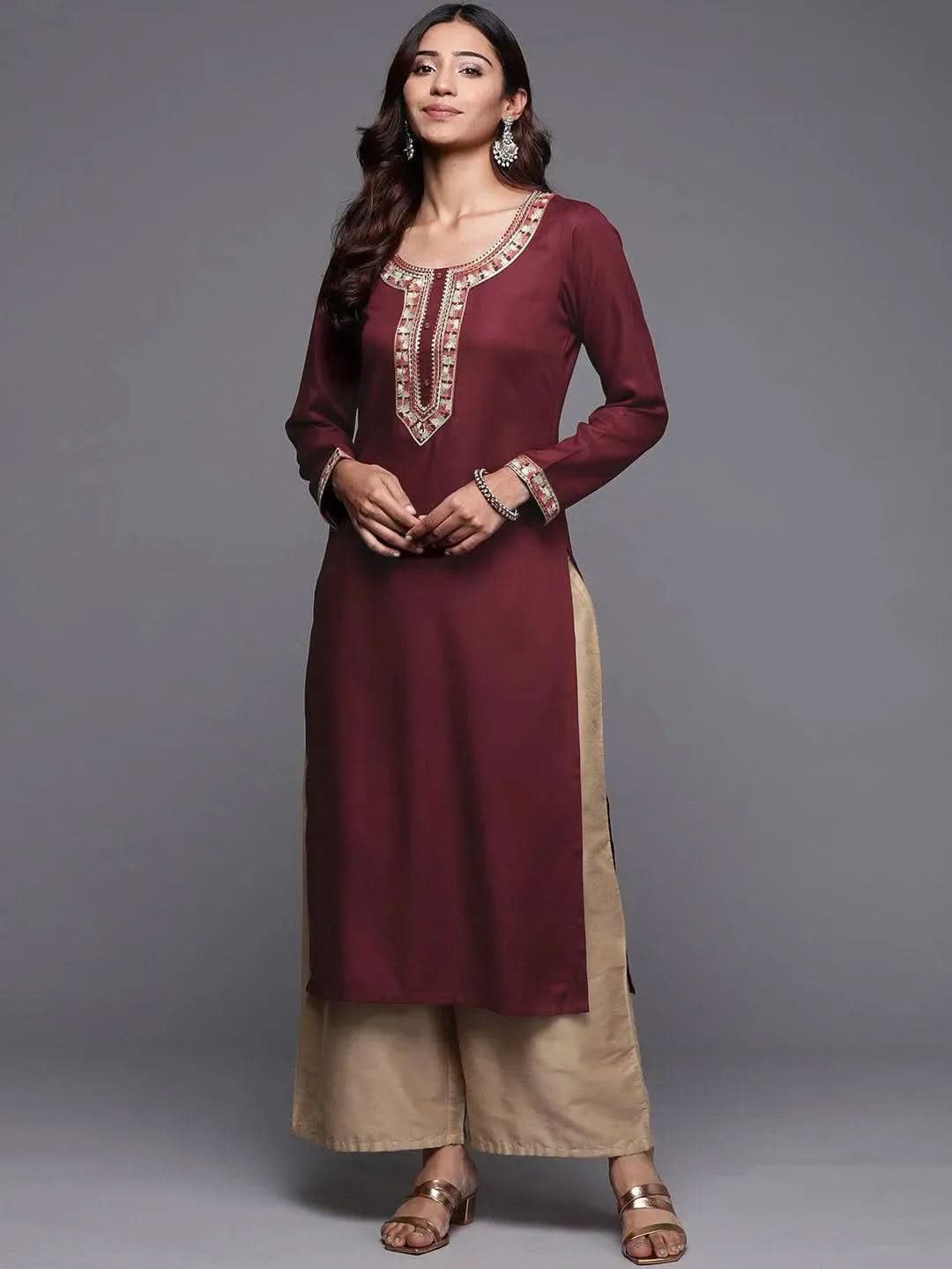 libas Maroon Embroidered Pashmina Wool Straight Kurta-picture-59