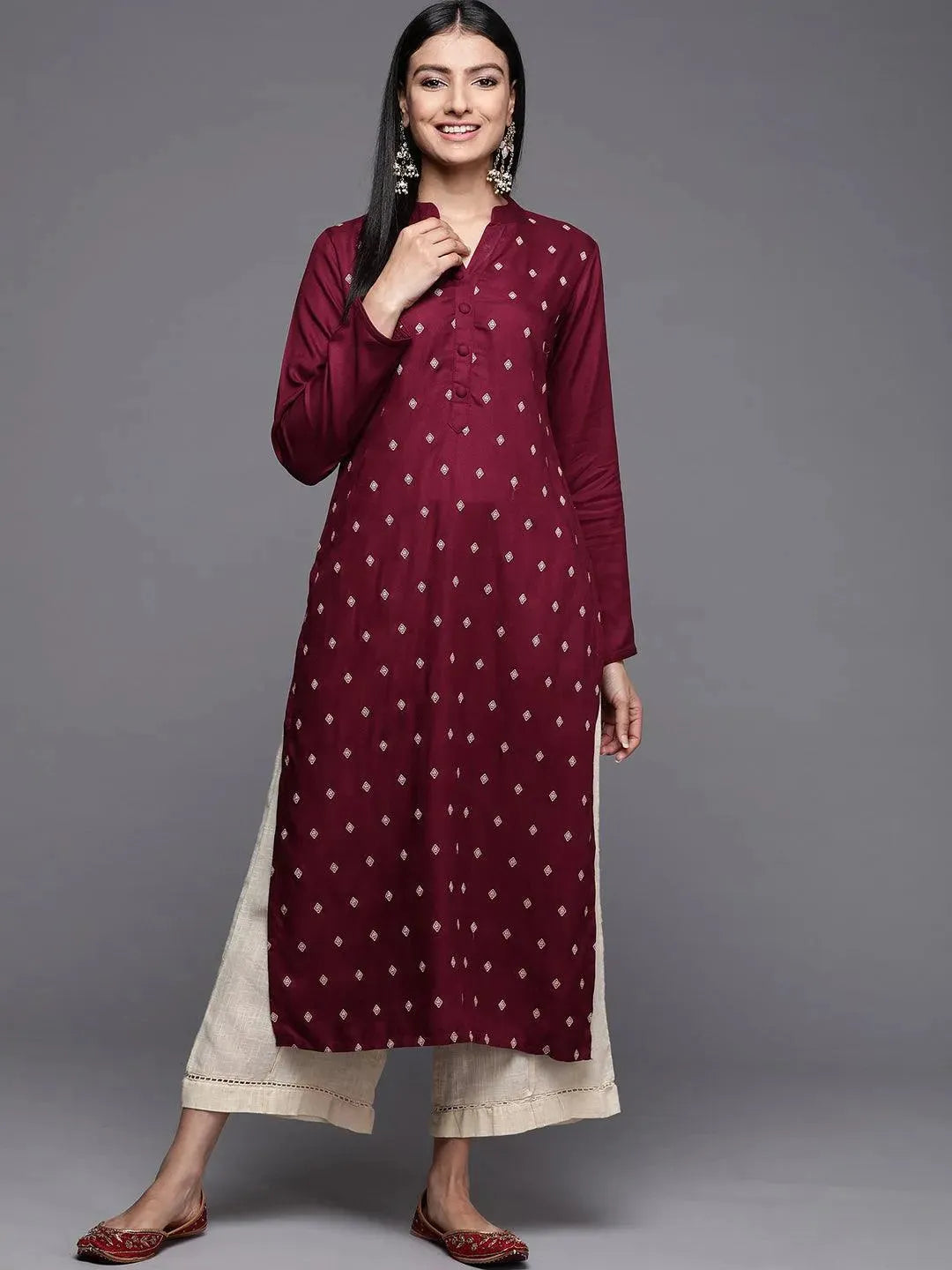 Maroon Embroidered Pashmina Wool Straight Kurta - Libas