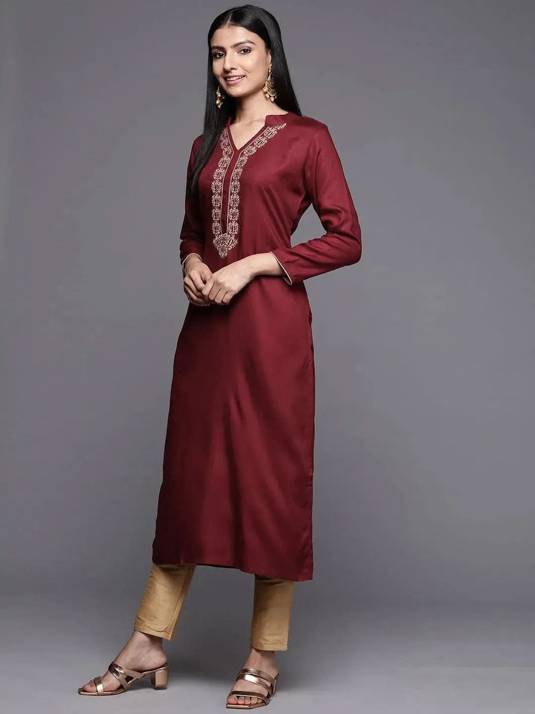 Maroon Embroidered Pashmina Wool Straight Kurta - Libas 