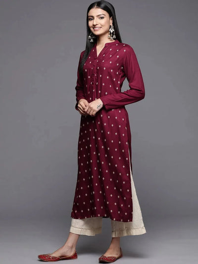 Maroon Embroidered Pashmina Wool Straight Kurta - Libas