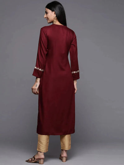 Maroon Embroidered Pashmina Wool Straight Kurta - Libas