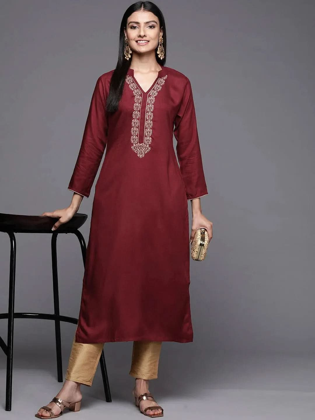 Maroon Embroidered Pashmina Wool Straight Kurta - Libas