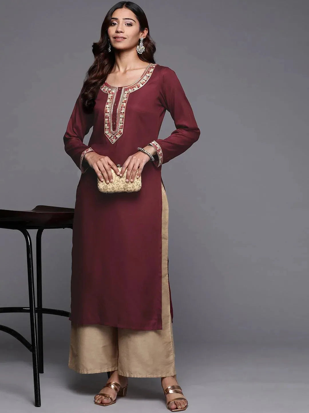 Maroon Embroidered Pashmina Wool Straight Kurta - Libas 