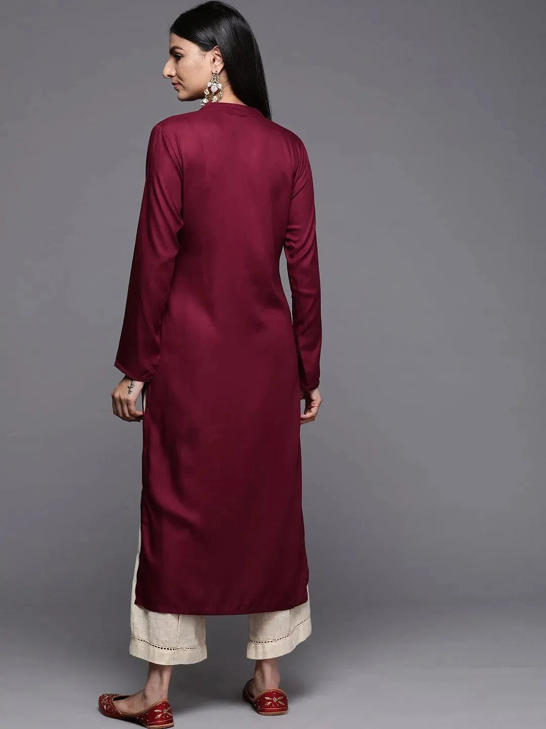 Maroon Embroidered Pashmina Wool Straight Kurta - Libas