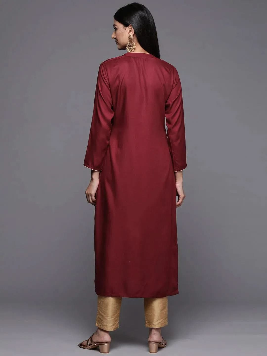 Maroon Embroidered Pashmina Wool Straight Kurta - Libas 