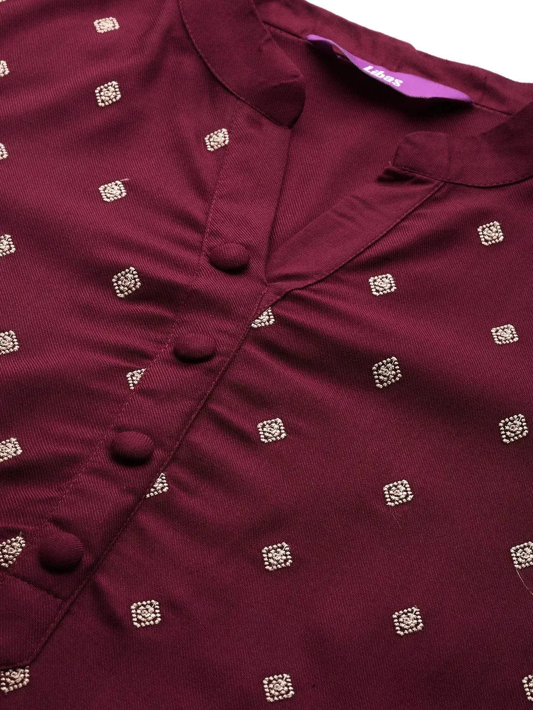 Maroon Embroidered Pashmina Wool Straight Kurta - Libas 