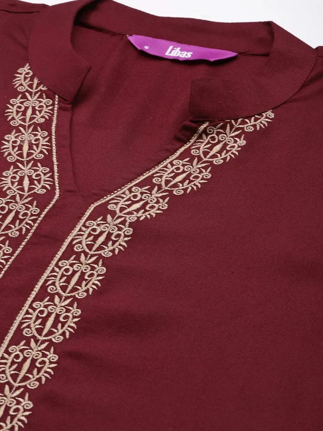 Maroon Embroidered Pashmina Wool Straight Kurta - Libas 