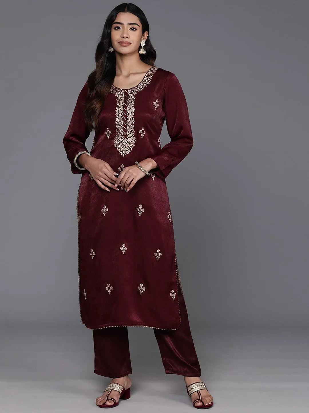 Maroon Embroidered Polyester Straight Kurta With Trousers - Libas 