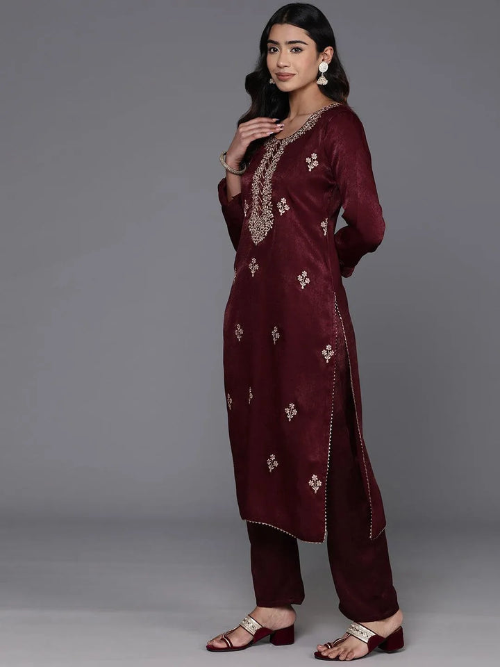 Maroon Embroidered Polyester Straight Kurta With Trousers - Libas
