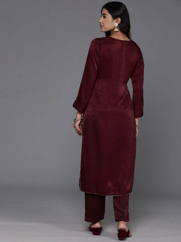 Maroon Embroidered Polyester Straight Kurta With Trousers - Libas