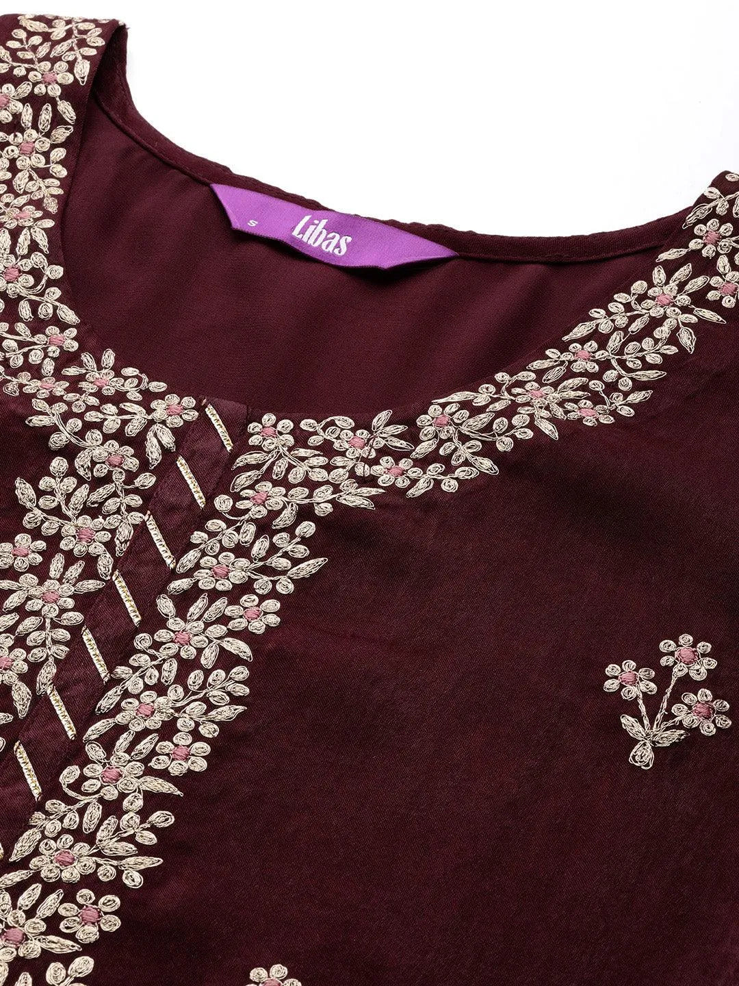 Maroon Embroidered Polyester Straight Kurta With Trousers - Libas 