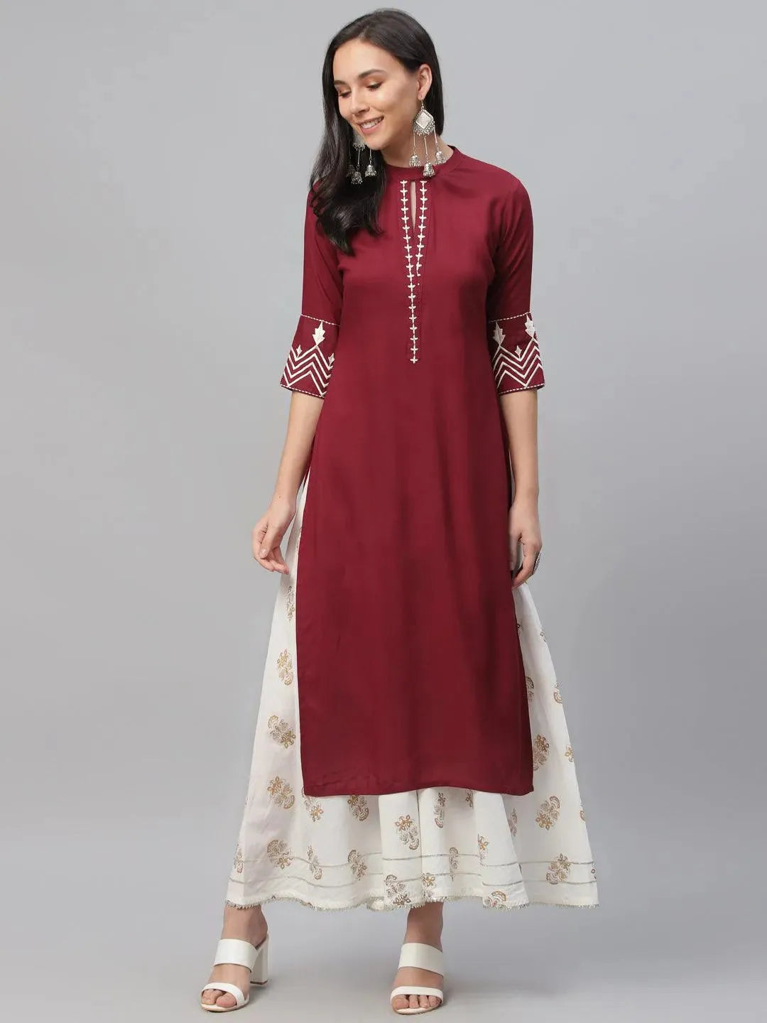 Maroon Embroidered Rayon Kurta - Libas