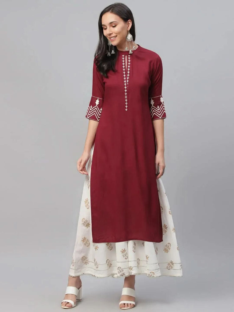 Libas Maroon Embroidered Rayon Kurta