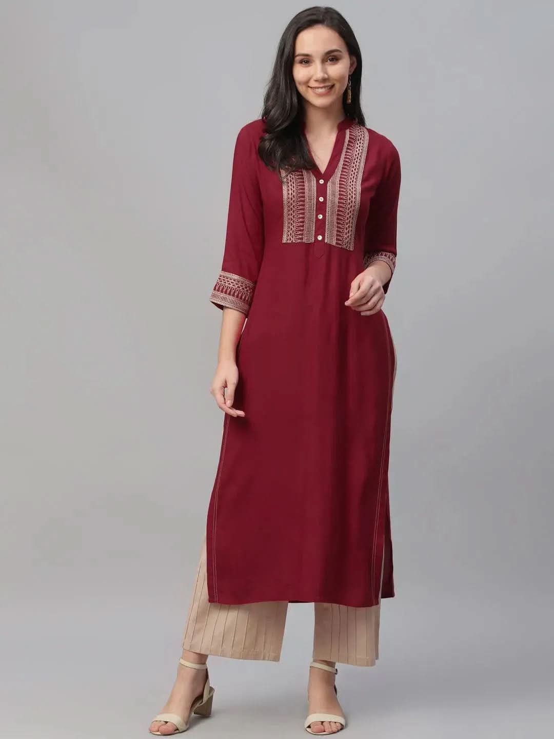 

Maroon Embroidered Rayon Kurta