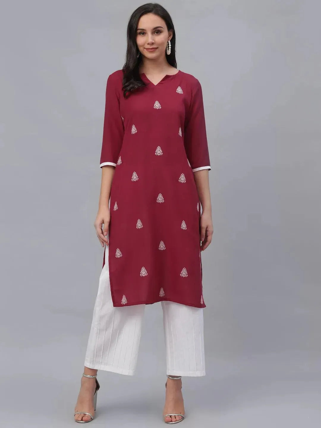 Maroon Embroidered Rayon Kurta - Libas