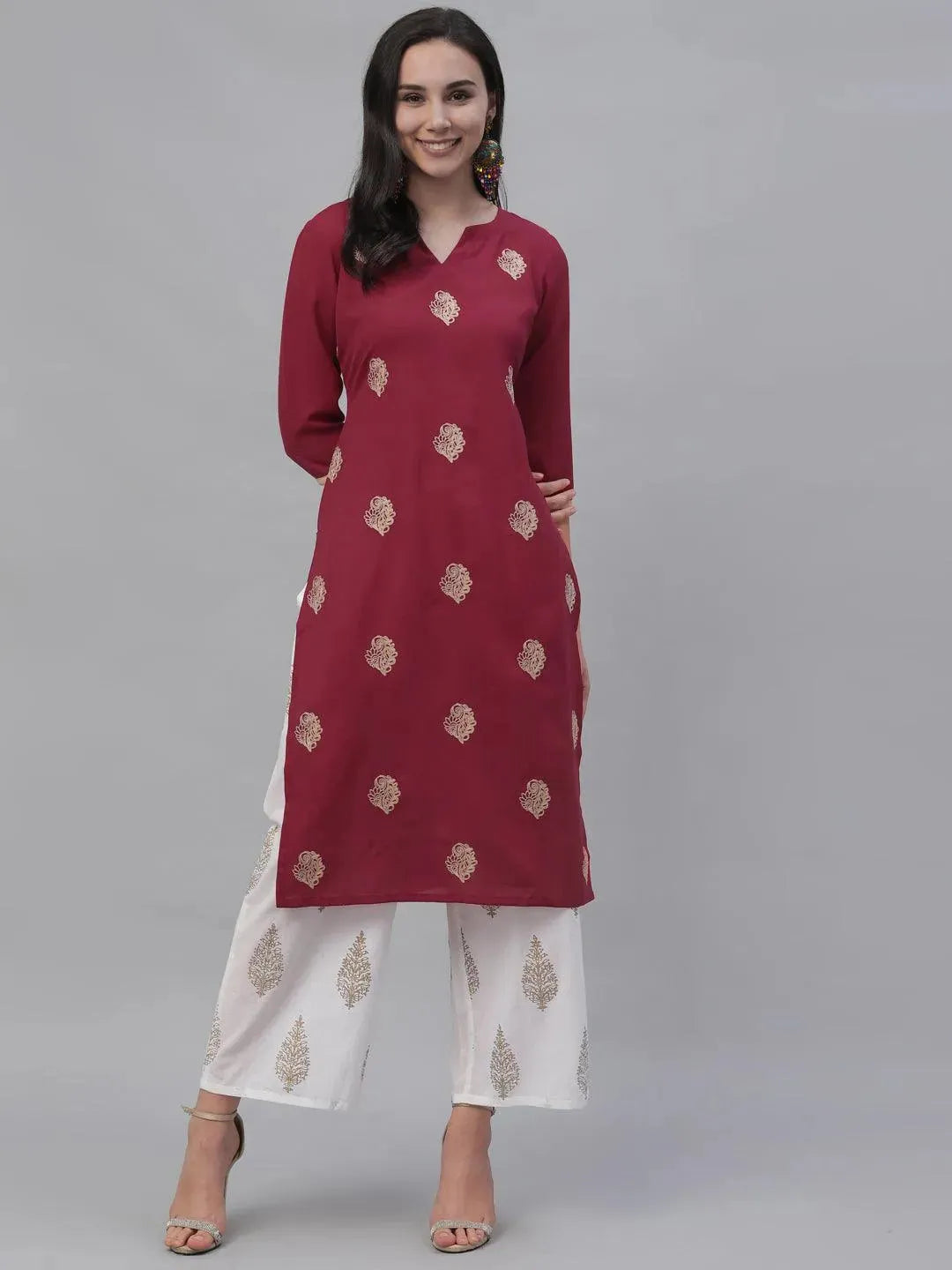 Maroon Embroidered Rayon Kurta - Libas