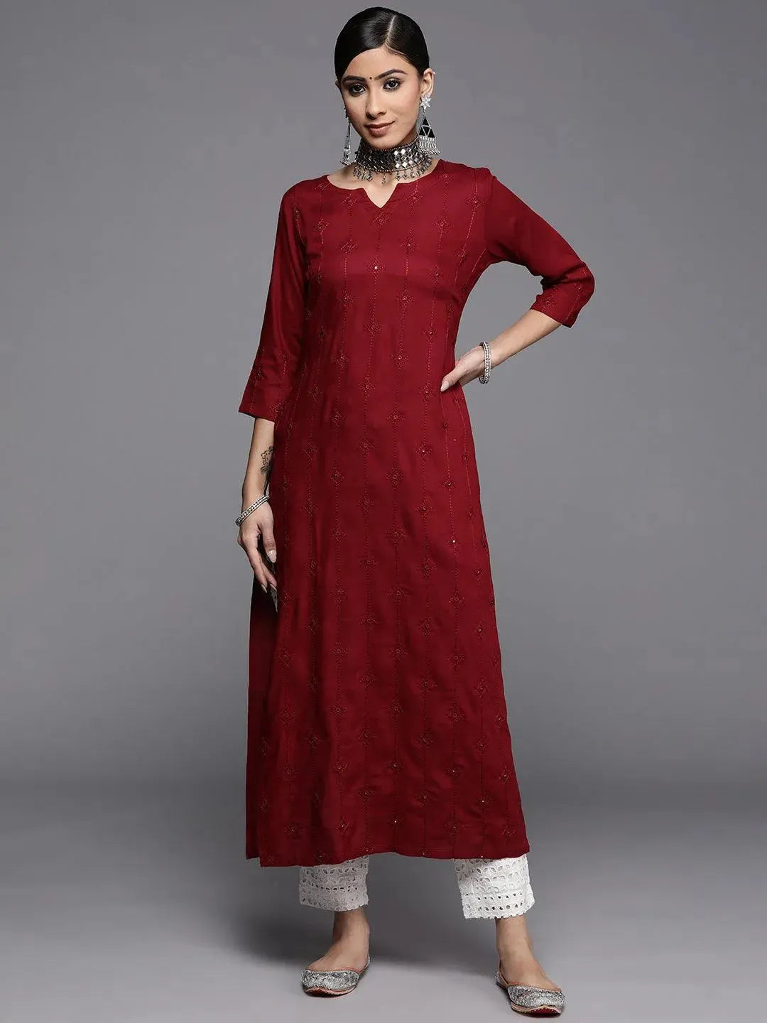 Maroon Embroidered Rayon Kurta - Libas