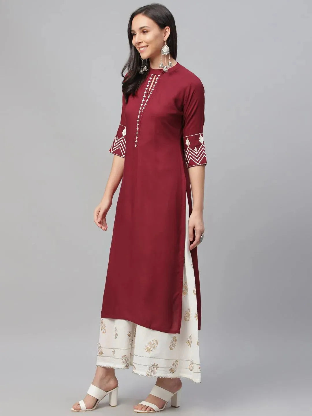 Maroon Embroidered Rayon Kurta - Libas