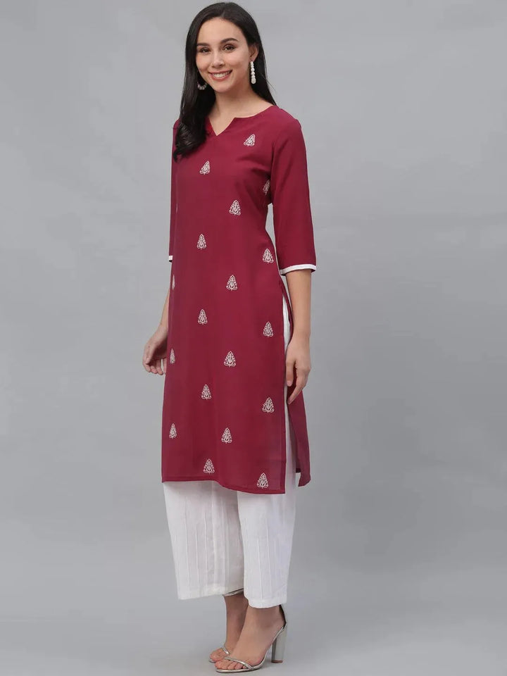 Maroon Embroidered Rayon Kurta - Libas