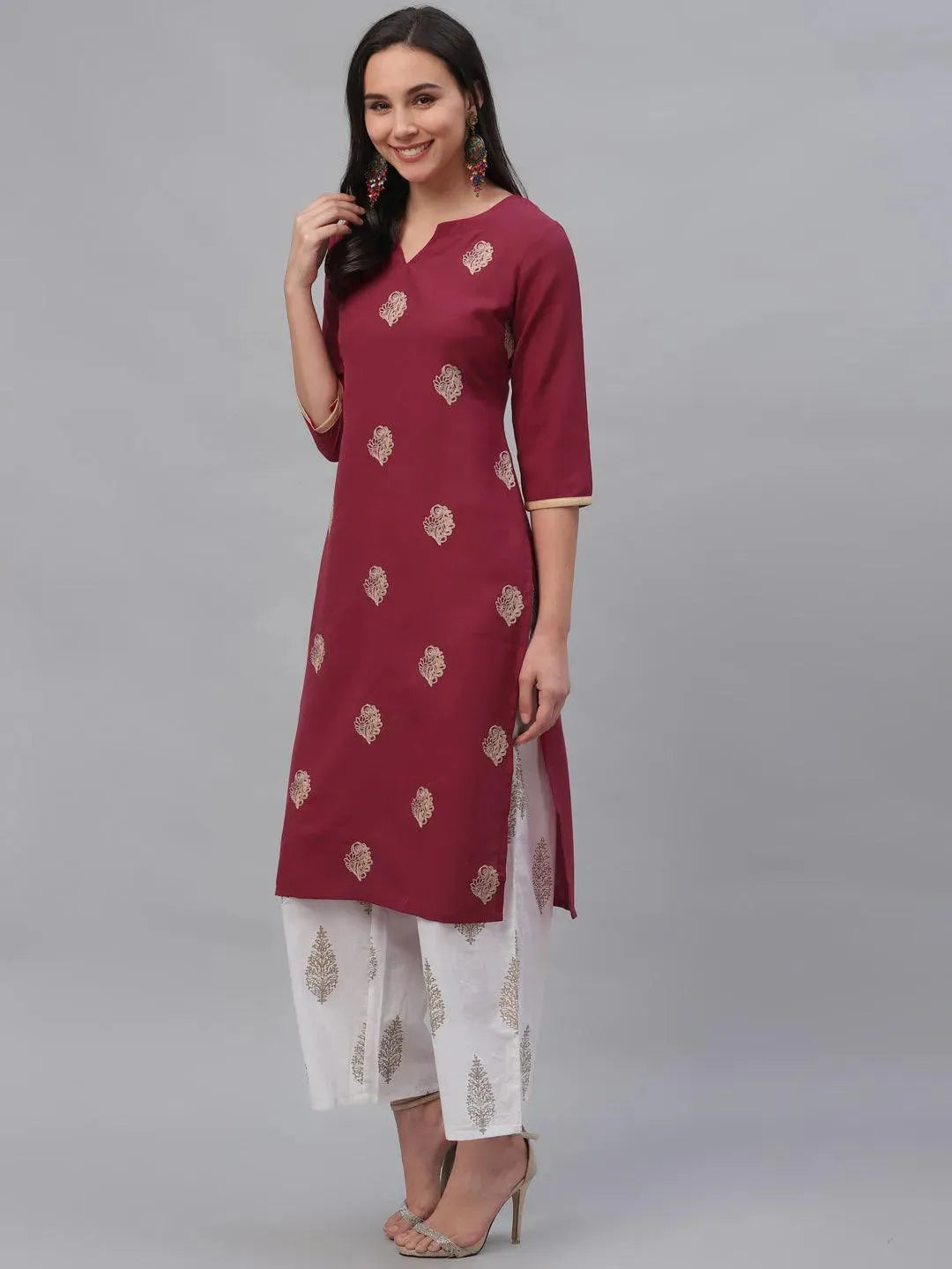 Maroon Embroidered Rayon Kurta - Libas