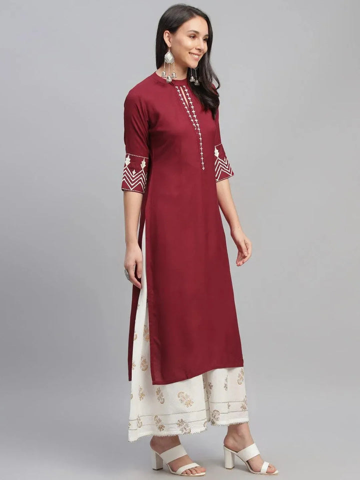 Maroon Embroidered Rayon Kurta - Libas