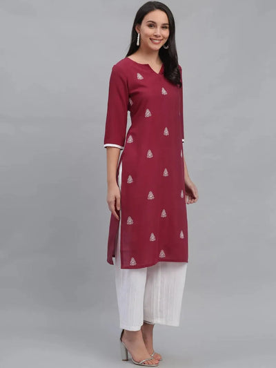 Maroon Embroidered Rayon Kurta - Libas