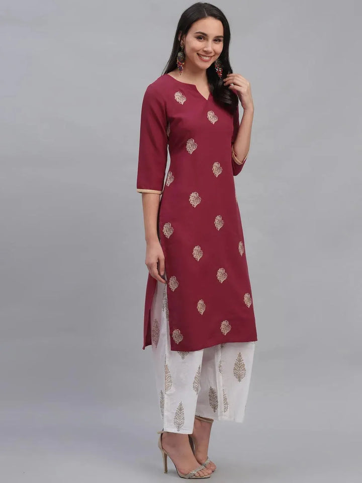 Maroon Embroidered Rayon Kurta - Libas