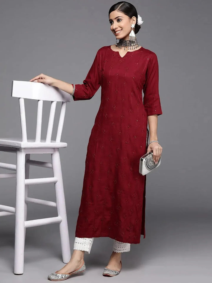 Maroon Embroidered Rayon Kurta - Libas