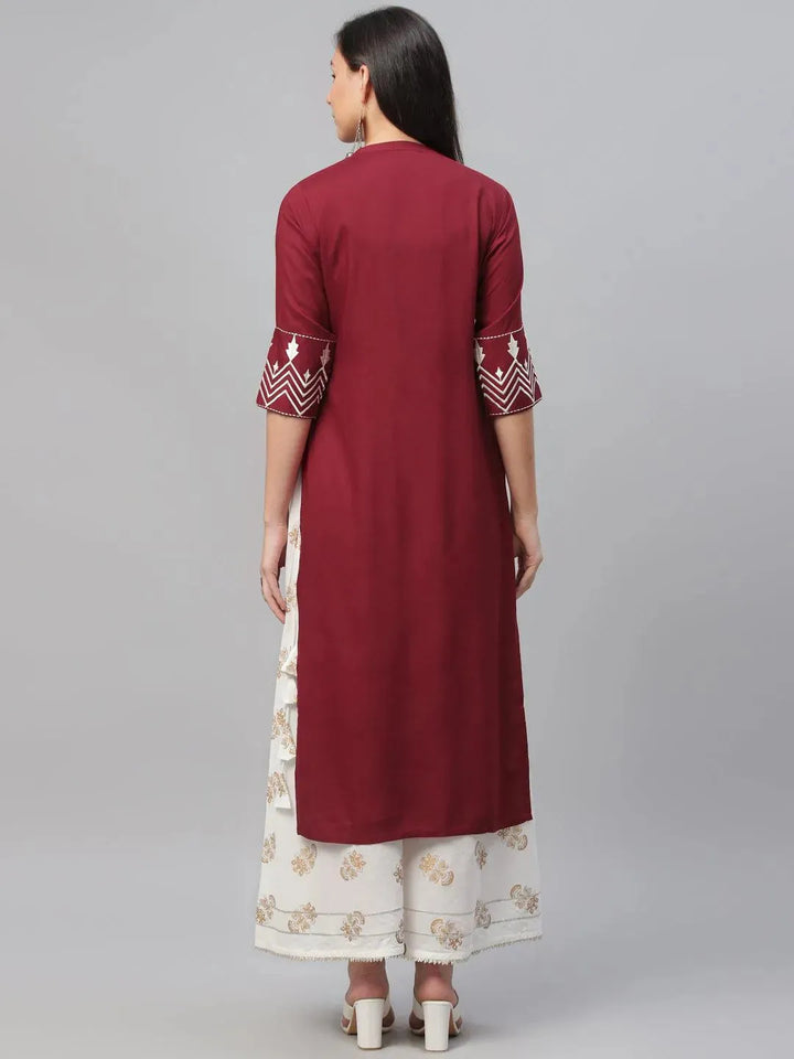 Maroon Embroidered Rayon Kurta - Libas