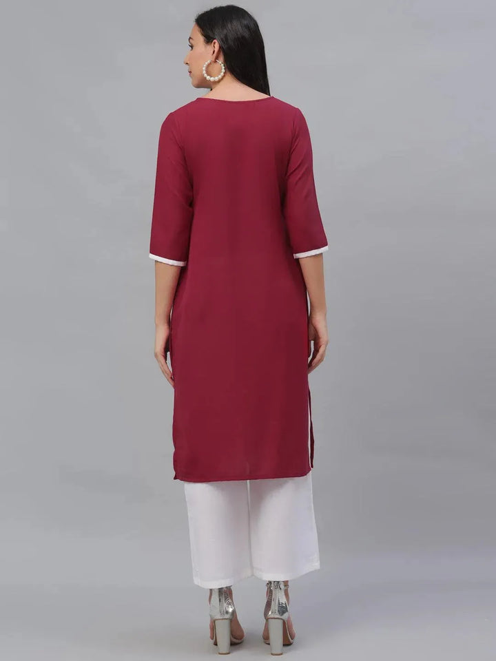 Maroon Embroidered Rayon Kurta - Libas