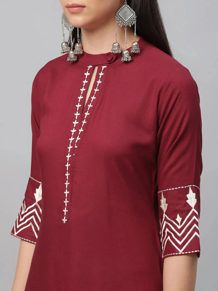 Maroon Embroidered Rayon Kurta - Libas