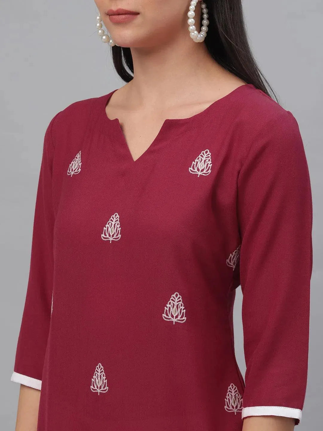 Maroon Embroidered Rayon Kurta - Libas