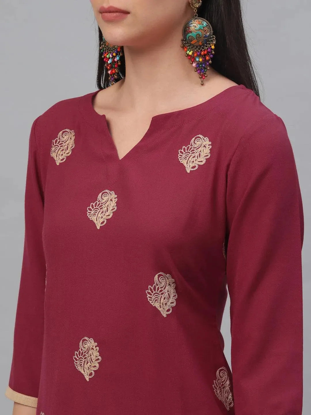 Maroon Embroidered Rayon Kurta - Libas