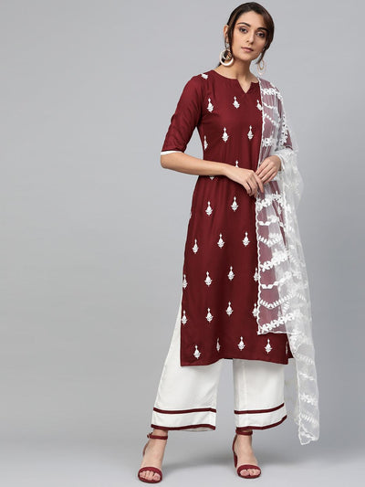 Maroon Embroidered Rayon Suit Set - Libas